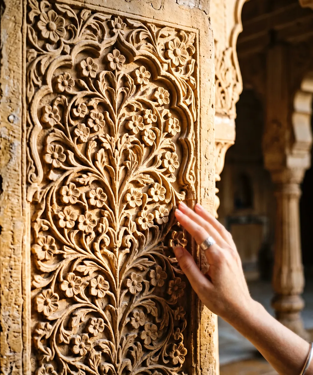 A hand tracing carved sandstone flowers in a haveli