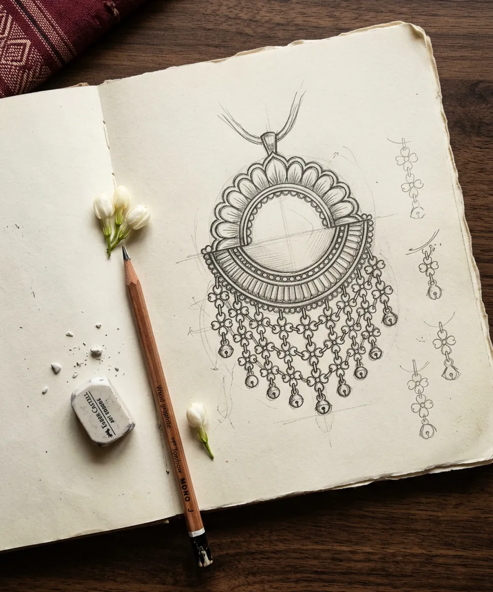 A pencil sketch of a pendant with a fringe of tiny bells in an open sketchbook