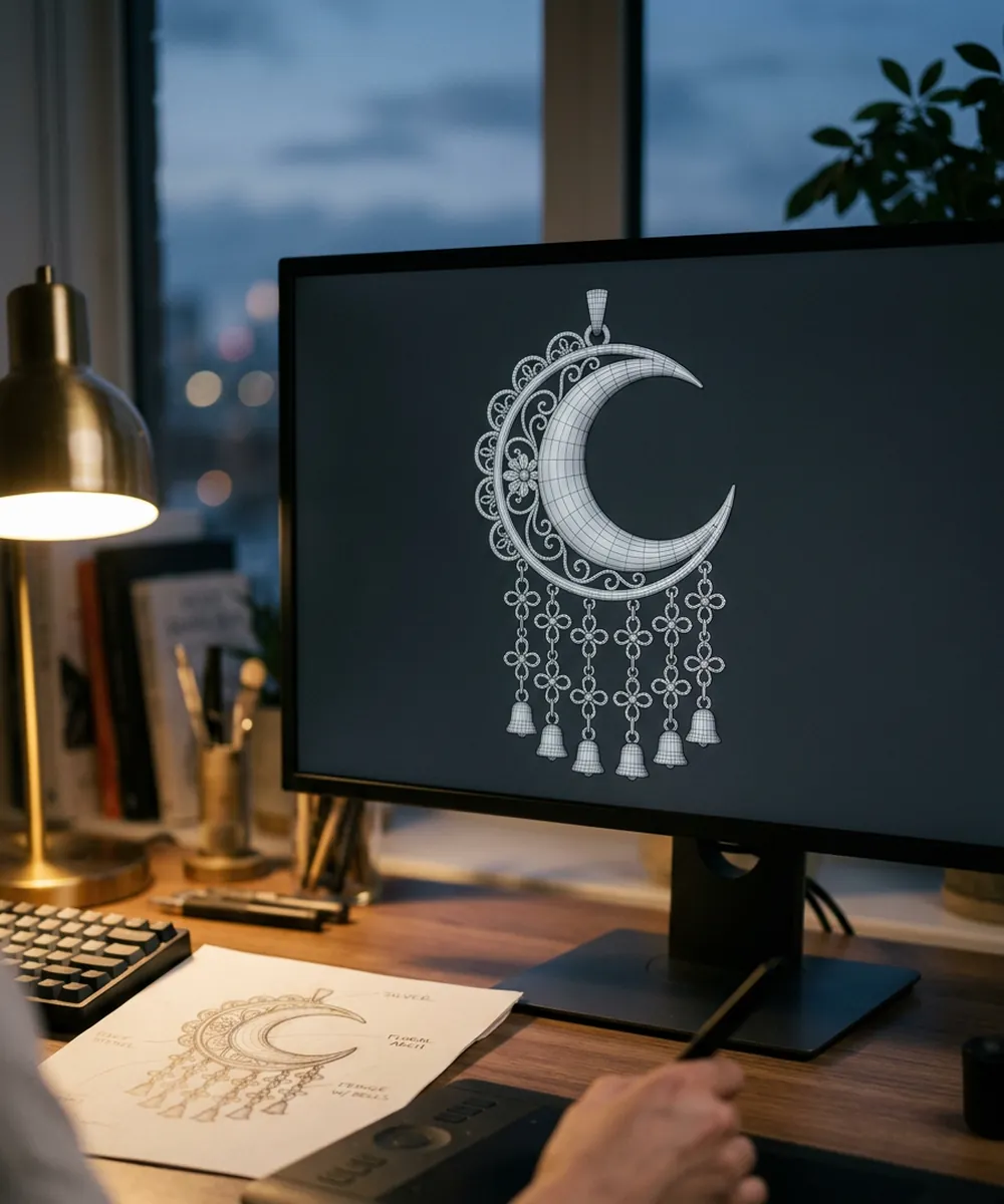 A 3D CAD model of a pendant on a studio monitor beside the paper sketch