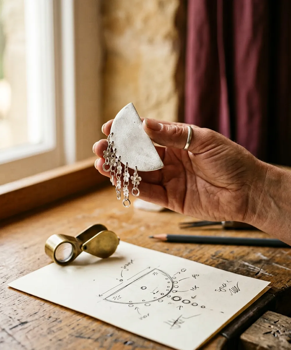 A designer holding an unfinished silver prototype up to the light beside a loupe and sketch