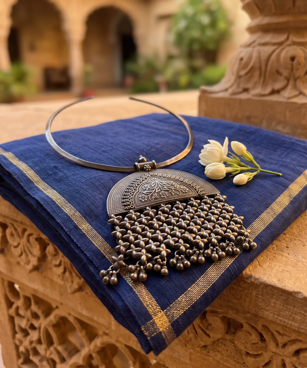 The finished silver hasli necklace on indigo handloom in a sandstone courtyard